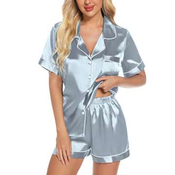 Women's Pajamas Set Button Short Sleeve Shirt with Shorts Set PJs Loungewear Light Blue,Small