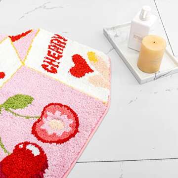 Fruit Cherry Bath Mat for Bathroom Cute Pink Bathroom Mats Non Slip Fruit Bath Mat Milk Cartoon Plush Shower Rug Absorbent Decor Bathtub Mat Washable