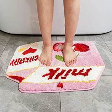 Fruit Cherry Bath Mat for Bathroom Cute Pink Bathroom Mats Non Slip Fruit Bath Mat Milk Cartoon Plush Shower Rug Absorbent Decor Bathtub Mat Washable