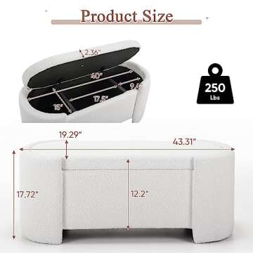 Deolme White Boucle Storage Ottoman Bench- Modern Wooden Indoor Upholstered Storage Bench End of Bed...