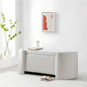 Deolme Modern White Boucle Storage Ottoman Bench