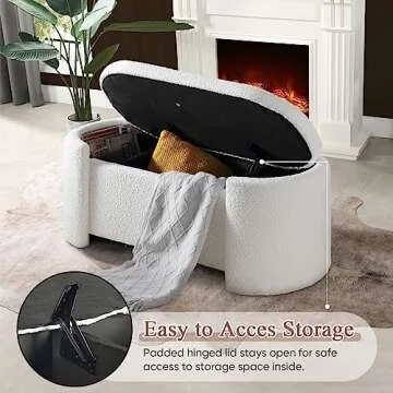 Deolme Modern White Boucle Storage Ottoman Bench