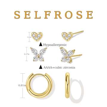 SELFROSE Stud Earrings for Women,Dainty Cartilage Earring Set 14k Gold Plated CZ Heart Butterfly Earrings Hypoallergenic Cute Small Hoop Earrings for Women Fashion Gold Jewelry for Women Gift