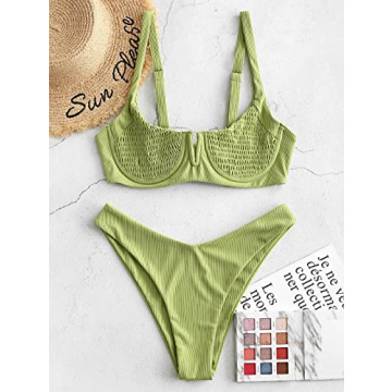 ZAFUL Women’s Ribbed Underwire Bikini High Cut Swimwear
