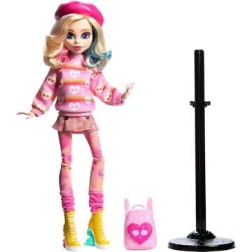 Monster High Wednesday Doll and Accessories, Enid Sinclair Collectible in Pink Fashion with Beret and Backpack, Doll Stand