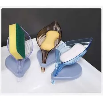 Leaf Shape soap Holder ，bar Soap Dish Holder Leaf Shape - Self Draining Soap Dish for Bar Soap, Decorative Plastic Soap Saver, with Foam Cotton dishwashing Cotton(Not Punched，Blue)