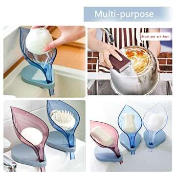 Leaf Shape soap Holder ，bar Soap Dish Holder Leaf Shape - Self Draining Soap Dish for Bar Soap, Decorative Plastic Soap Saver, with Foam Cotton dishwashing Cotton(Not Punched，Blue)