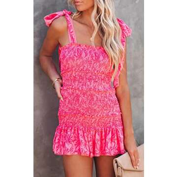 chouyatou Women's Summer Floral Spaghetti Strap Square Neck Ruffle Tie Mini Smocked Dress (Small, Hot Pink)