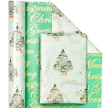 WRAPAHOLIC Reversible Christmas Wrapping Paper - Mini Roll - 17 Inch X 33 Feet - Watercolor Green Ch...