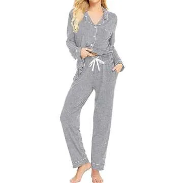 SWOMOG Womens Pajamas Set Long Sleeve Sleepwear Button Down Nightwear Soft Pj Lounge Sets With Pocke...