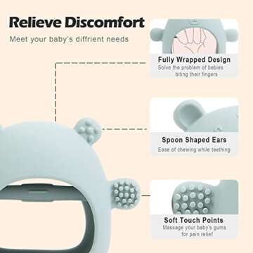 AULEGE Silicone Baby Teether Toy for Infants 3+ Months, Anti-Drop Silicone Baby Mitten Teether for Soothing Teething Pain Relief, Baby Chew Toys for Sucking Needs, BPA Free, Moody Blue