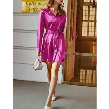 Zeagoo Red Dress Long Sleeve Stain Dress Button Front Short Dress A-Line Mini Length Dress Fall Winter Dress 2025,Small