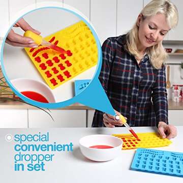 Gummy Bear Mold Bpa Free Silicone (Yellow, Blue) - Set of 2 for 86 Candies - 5 Different Types of Animals - Dropper Included - Candy Molds, Gummy Worm Mold, Chocolate Molds, Gelatin Molds, Ice Cube