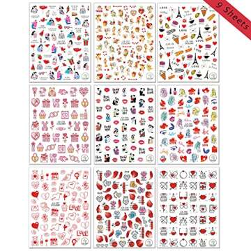 Valentine's Day Nail Art Sticker 3D Luxurious Nail Art Supplies Eiffel Tower Cupid Love Roses Design Nail Art Decoration DIY Acrylic Nail Art 9 Sheet