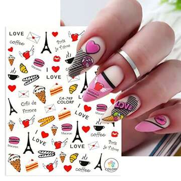 Valentine's Day Nail Art Sticker 3D Luxurious Nail Art Supplies Eiffel Tower Cupid Love Roses Design Nail Art Decoration DIY Acrylic Nail Art 9 Sheet