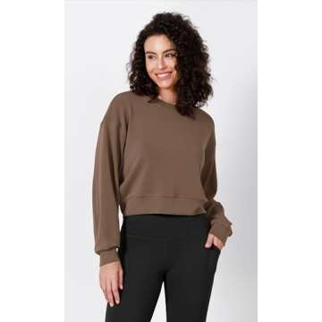 ODODOS Modal Soft Long Sleeve Cropped Sweatshirts for Women Oversized Crew Neck Pullover Crop Top, Nutria, Medium