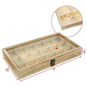 MOOCA Wooden Jewelry Display Case with Tempered Glass Lid & 18 Compartments Tray