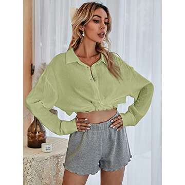 MakeMeChic Women's Oversized Button Down Shirts Collared Button Up Shirt Blouse Top Green M