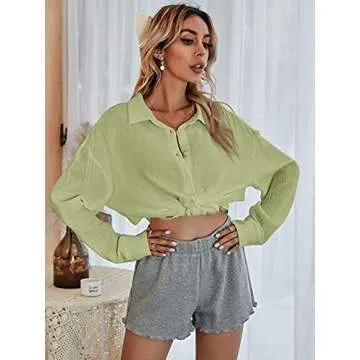 MakeMeChic Women's Oversized Button Down Shirts Collared Button Up Shirt Blouse Top Green M