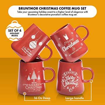 Bruntmor 16 Oz Christmas Coffee Mug Set of 4, Cute 16 Ounce Ceramic Mugcup Set In Red Christmas Themed Design, Best Coffee Mug For Your Christmas Gift Or DIY Decoration