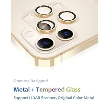 [2 Pack] Tamoria Compatible for iPhone 12 Pro Max Camera Lens Protector Metal Plus Tempered Glass Camera Cover Oneness Design, Support LIDAR Scanner, Explosion-Proof Accessories Gold