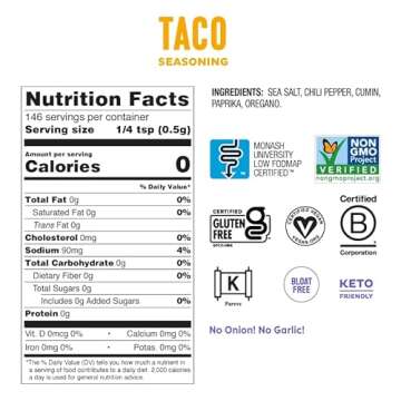 Fody Foods Vegan Taco Seasoning, Great for Grilling, Low Fodmap Certified, Sensitive Recipe, Gut & IBS Friendly, 2.6 Ounce