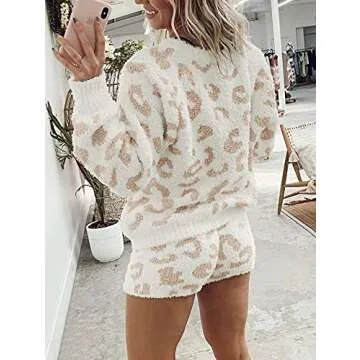 YORGOS Women's Fuzzy Fleece Leopard Loungewear Sets 2 Piece Soft Pajamas Sweater Top Shorts Set Outfits