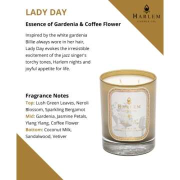 Harlem Candle Co. Lady Day Luxury Candle, 11 oz Gold Glass Jar, Double Wick, Soy Wax, Gift Box, Jasmine, Ylang Ylang, Lush Green Leaves, Neroli Blossom, and Bergamot, 80 Hour Burn