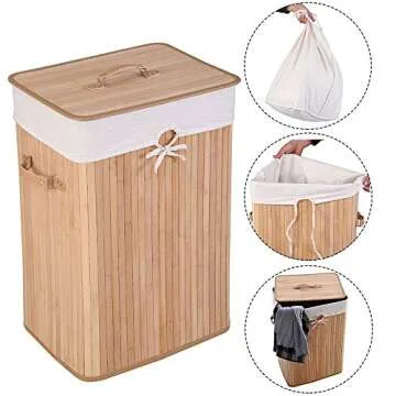 Knocbel Bamboo Laundry Hamper Large Portable Dirty Clothes Storage Basket with Lid Removable Cotton Liner