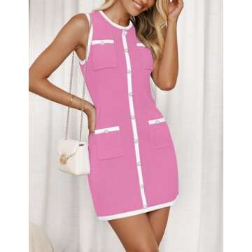 ZESICA Women's 2025 Summer Sleeveless Mini Dress Crewneck Button Knit Color Block Bodycon Party Short Dresses with Pockets,Pink,E2