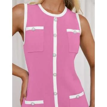 ZESICA Women's 2025 Summer Sleeveless Mini Dress Crewneck Button Knit Color Block Bodycon Party Short Dresses with Pockets,Pink,E2