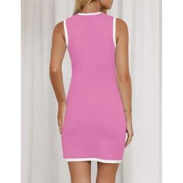 ZESICA Women's 2025 Summer Sleeveless Mini Dress Crewneck Button Knit Color Block Bodycon Party Short Dresses with Pockets,Pink,E2