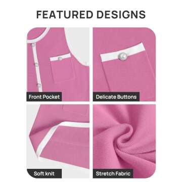 ZESICA Women's 2025 Summer Sleeveless Mini Dress Crewneck Button Knit Color Block Bodycon Party Short Dresses with Pockets,Pink,E2