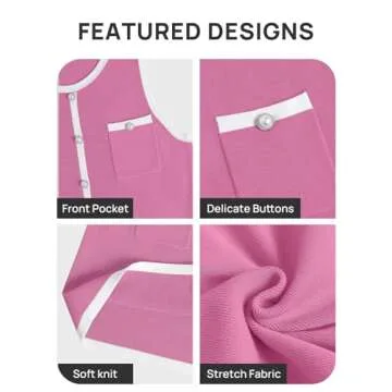 ZESICA Women's 2025 Summer Sleeveless Mini Dress Crewneck Button Knit Color Block Bodycon Party Short Dresses with Pockets,Pink,E2