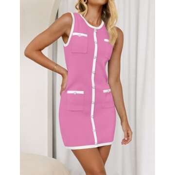 ZESICA Women's 2025 Summer Sleeveless Mini Dress Crewneck Button Knit Color Block Bodycon Party Short Dresses with Pockets,Pink,E2