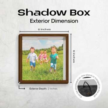 Shadow Box Brown Frame Display, 6"x6"x2", Box Pins, Medals, Wedding, Vacation, Money, Photos and Piggy Banks for Adults, Wood Glass Display Case.
