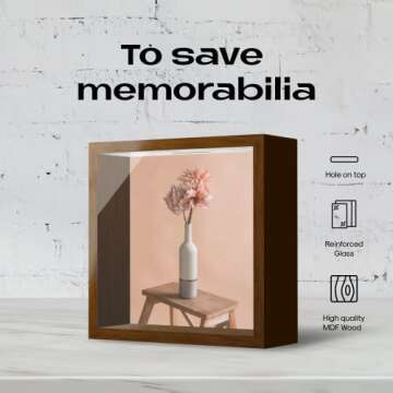 Shadow Box Brown Frame Display, 6"x6"x2", Box Pins, Medals, Wedding, Vacation, Money, Photos and Piggy Banks for Adults, Wood Glass Display Case.