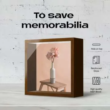 Shadow Box Brown Frame Display, 6"x6"x2", Box Pins, Medals, Wedding, Vacation, Money, Photos and Piggy Banks for Adults, Wood Glass Display Case.