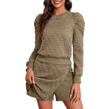 Fisoew Women's 2 Piece Lounge Wear Set Long Sleeve Argyle Sweatshirts and Wrap Skorts Casual Sets Kh...