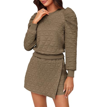 Fisoew Women's 2 Piece Lounge Wear Set Long Sleeve Argyle Sweatshirts and Wrap Skorts Casual Sets Khaki