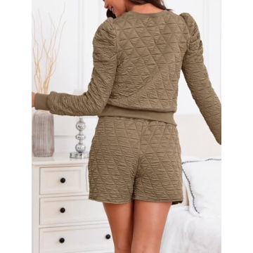 Fisoew Women's 2 Piece Lounge Wear Set Long Sleeve Argyle Sweatshirts and Wrap Skorts Casual Sets Khaki