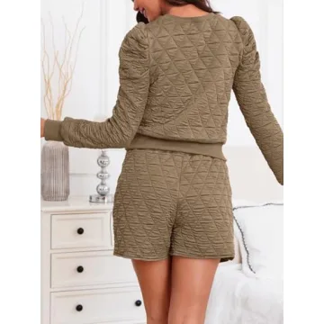 Fisoew Women's 2 Piece Lounge Wear Set Long Sleeve Argyle Sweatshirts and Wrap Skorts Casual Sets Khaki