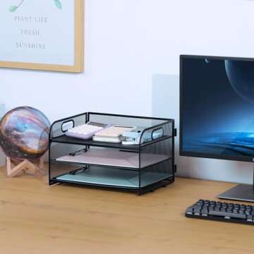 NCXTKJ 3-Tier Letter Tray Paper Organizer with Handle, Compact Mesh Desk File Organizer for Home Off...