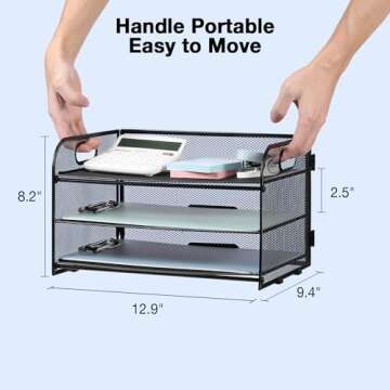 NCXTKJ 3-Tier Letter Tray Paper Organizer with Handle, Compact Mesh Desk File Organizer for Home Office Supplies Desktop Accessories,Black