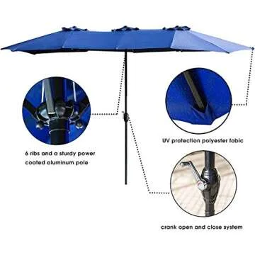 LOKATSE HOME Ft Double Sided Outdoor Umbrella Rectangular Large with Crank for Patio Shade Outside Deck or Pool, 15 feet, Blue