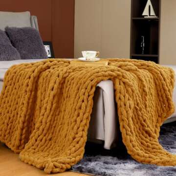Touchat Chunky Knit Blanket Throw, 50''*60'' Burnt Orange Crochet Chenille Throw Blanket, Handmade Cozy Fall Cable Knit Throw Blanket Boho Bedroom Decor, Soft Fluffy Autumn Knot Blanket for Couch Bed