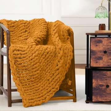 Touchat Chunky Knit Blanket Throw, 50''*60'' Burnt Orange Crochet Chenille Throw Blanket, Handmade Cozy Fall Cable Knit Throw Blanket Boho Bedroom Decor, Soft Fluffy Autumn Knot Blanket for Couch Bed