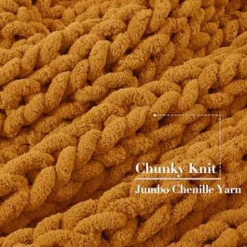 Touchat Chunky Knit Blanket Throw, 50''*60'' Burnt Orange Crochet Chenille Throw Blanket, Handmade Cozy Fall Cable Knit Throw Blanket Boho Bedroom Decor, Soft Fluffy Autumn Knot Blanket for Couch Bed