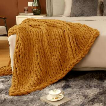 Touchat Chunky Knit Blanket Throw, 50''*60'' Burnt Orange Crochet Chenille Throw Blanket, Handmade Cozy Fall Cable Knit Throw Blanket Boho Bedroom Decor, Soft Fluffy Autumn Knot Blanket for Couch Bed