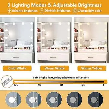 Fameill White Vanity Desk with Mirror and Lights,Makeup Vanity with 2 Drawers Lots Storage,Makeup Table with Lighted Mirror,3 Lighting Colors, Brightness Adjustable,35in(L)